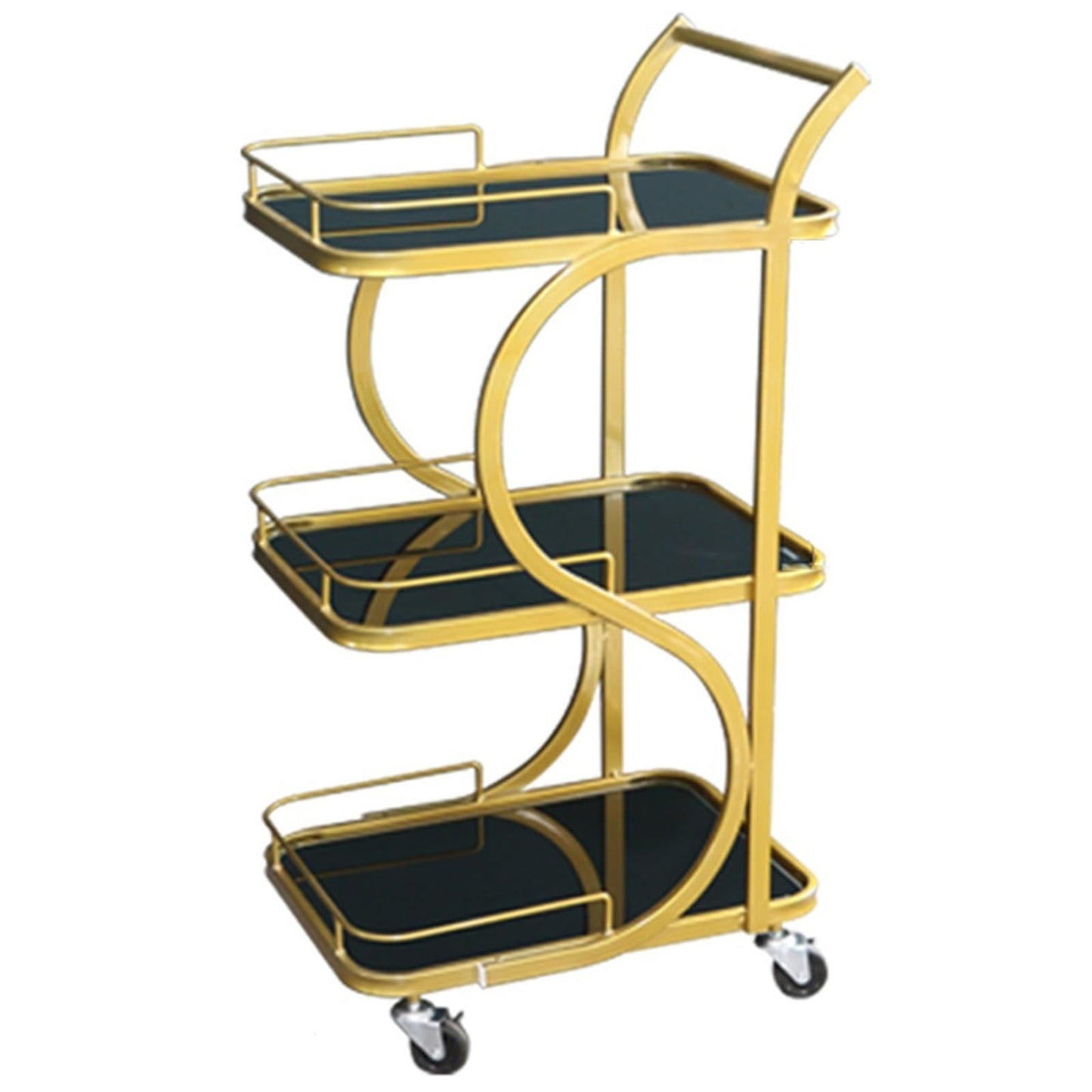 FGQuelleBM Nordic 3-Tier Serving Cart, Minimalist Mobile Snack with Handles & Wheels, Glass Top & Metal Frame for Office/Kitchen(Gold Black,84 * 45 * 34cm)
