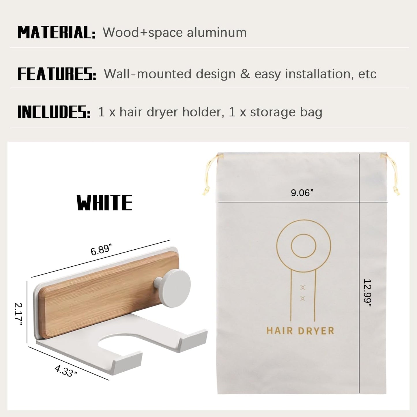 Wall Mounted Hair Dryer Holder with Storage Bag, Drill-Free Adhesive Blow Dryer Holder for Bathroom