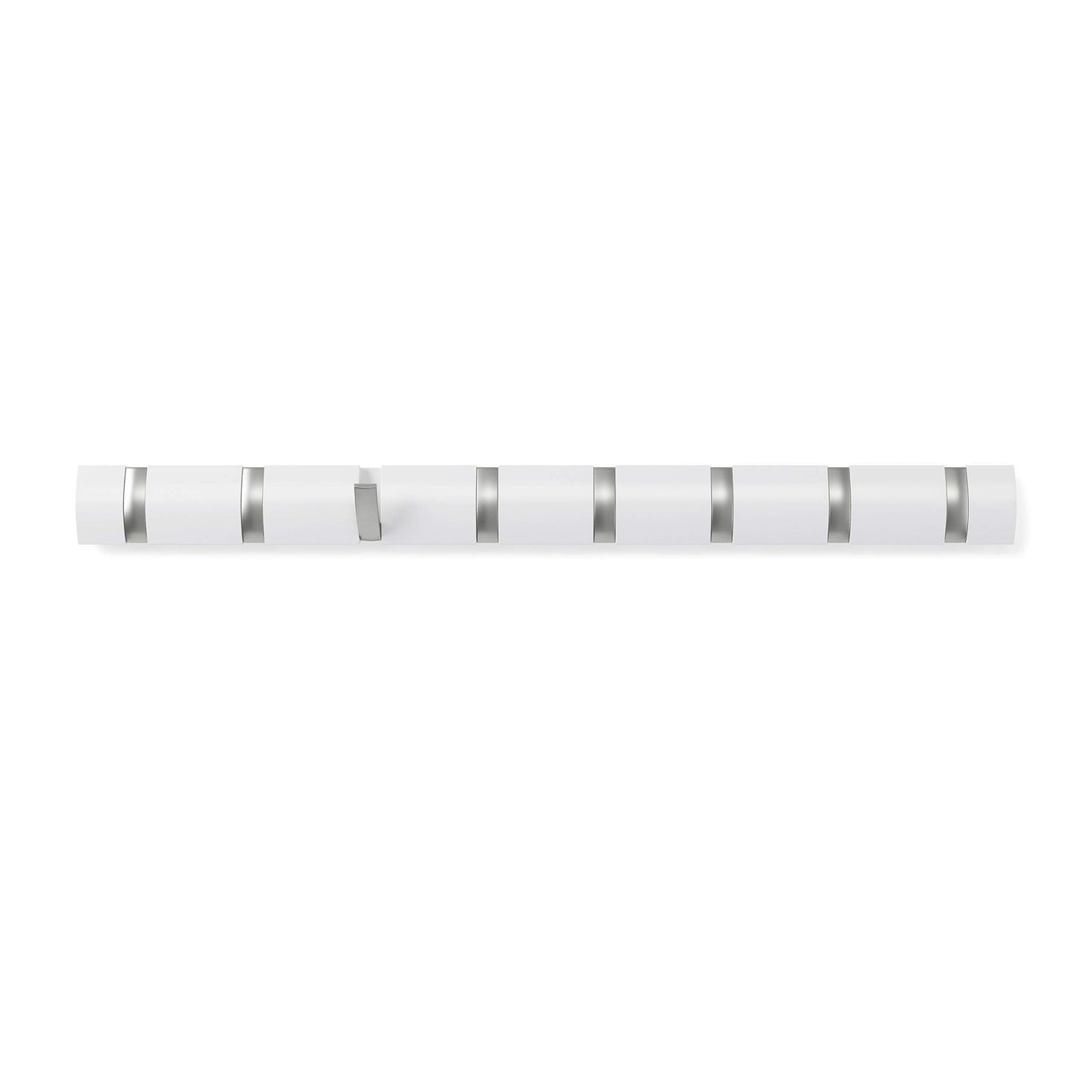 Umbra Flip Wall-Mounted Coat Rack with 8 Hooks – Modern, Space-Saving Storage for Hats, Jackets, Bags, Entryway, Mudroom, Closet, Bathroom, Bedroom – White/Nickel