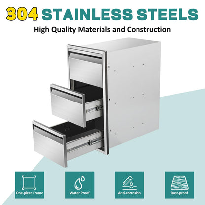 Outdoor Kitchen Drawers 14" W x 25.4"H x 21"D Stainless Steel Drawer BBQ Triple Drawers with Hidden Handle for Outdoor Kitchen Island, Patio Grill Station