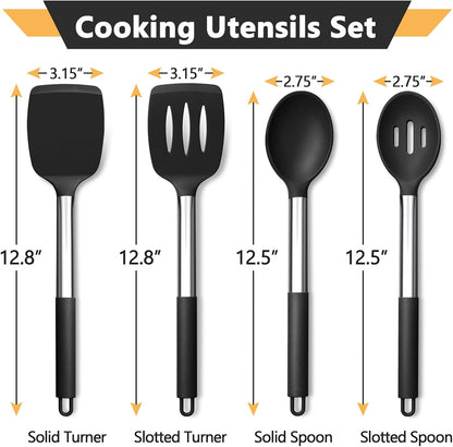 P&P CHEF Black Silicone Cooking Utensil Set of 4, Heat-proof Spatulas, Slotted Spoons, Turners for Non-stick Cookware