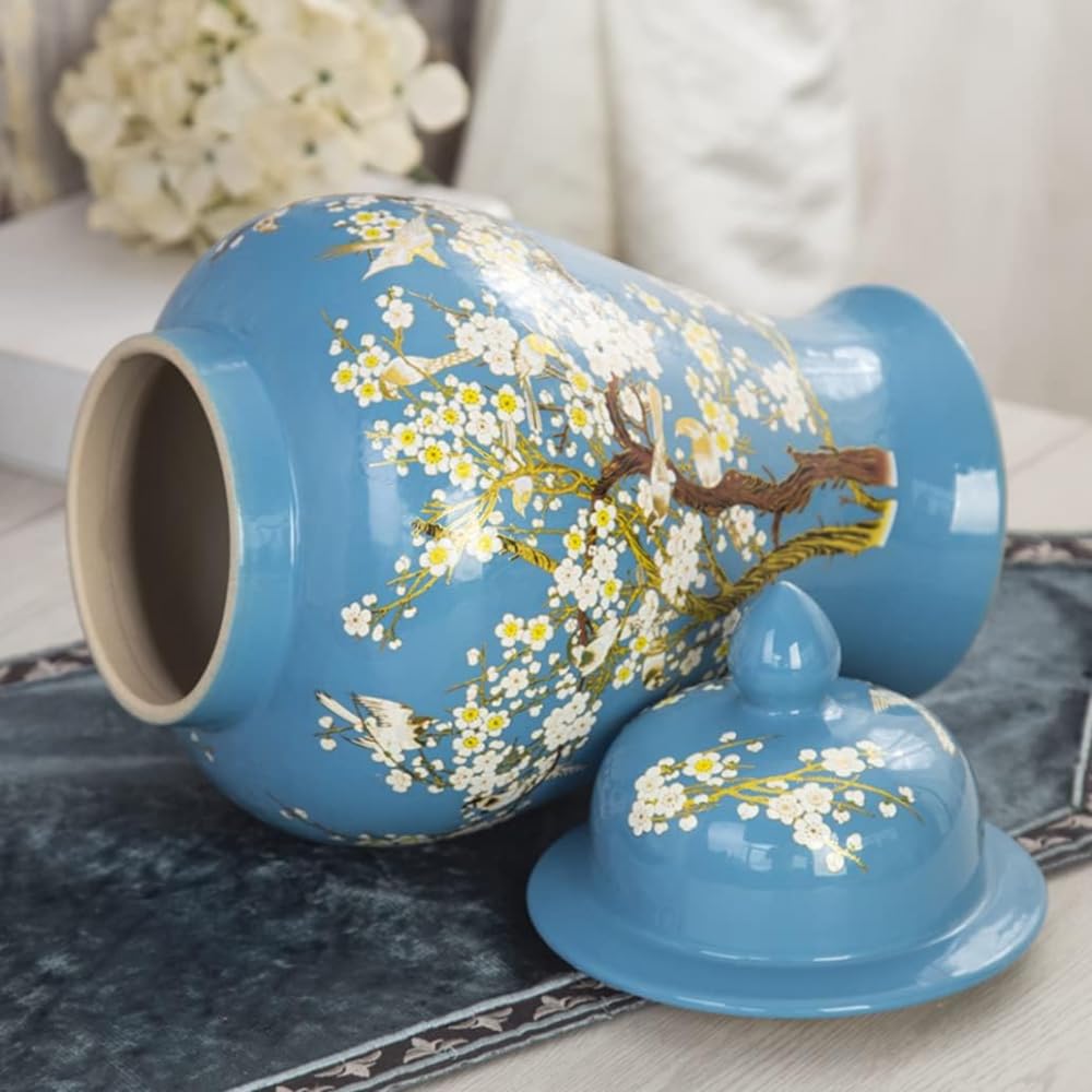 ERoomQ Blue Ceramic Ginger Jar with Lid for Home Decor,Traditional Chinese Trees and Flowers Temple Jar, Jingdezhen Handcrafted Porcelain Vase Centerpiece Decor-Medium