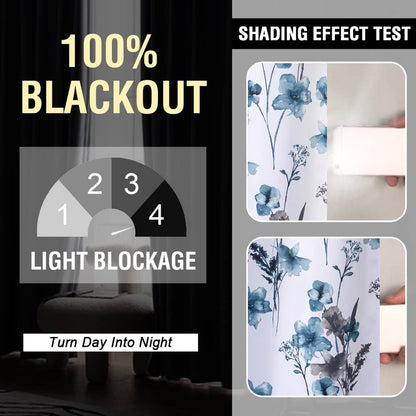 H.VERSAILTEX 100% Blackout Curtains 84 inch Length 2 Panels Set Cattleya Floral Printed Drapes Leah Floral Thermal Curtains for Bedroom with Black Liner Sound Proof Curtains, Grey and Blue