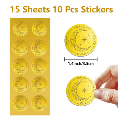 Peacoblue Gold Embossed Sticker Seal 1.4 Inch 150Pcs Moon and Star, Self Adhesive Golden Around Embossing Decals for Party Favors Invitation Envelope Seal Gift Card Certificate Decoration