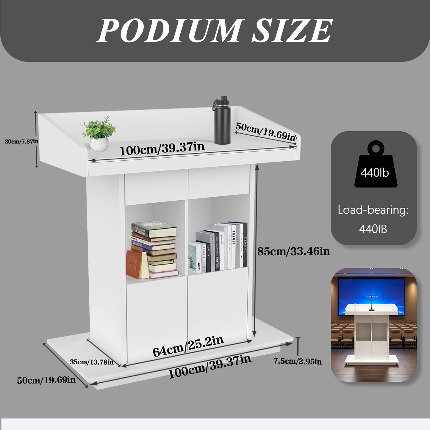Portable Podium Stand, Podium Stand with Wheels, Church Pulpit with Storage, Church Podium Stands, Wooden Podium, Modern Podium, Lecterns Podiums, L39.4" x W20" x H44.3" (White)