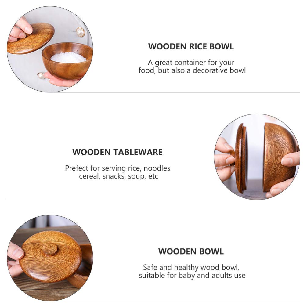 Hemoton Wooden Rice Bowl with Lid 3.14 Inch Acacia Wood Seasoning Bowl Food Container for Kids and Adults Safe Practical Kitchen Dining