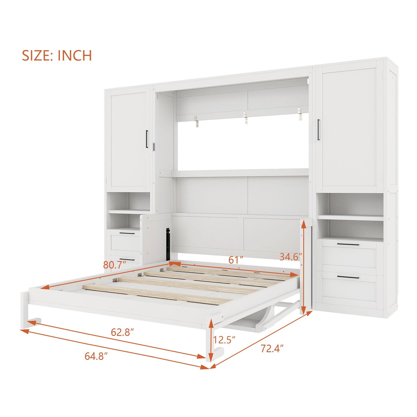Merax Queen Size Murphy Bed with Desk, Multifunctional Foldable Wall Bed with Closet, Drawers and Shelves, Space-Saving Wood Platform Bed Frame for Small Spaces Studio Study Office Guest Room, White