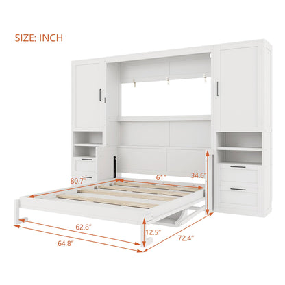 Merax Queen Size Murphy Bed with Desk, Multifunctional Foldable Wall Bed with Closet, Drawers and Shelves, Space-Saving Wood Platform Bed Frame for Small Spaces Studio Study Office Guest Room, White
