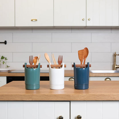 Kitchen Utensil Holder for Flatware, Silverware, Cutlery, Wood and Ceramic Countertop Caddy