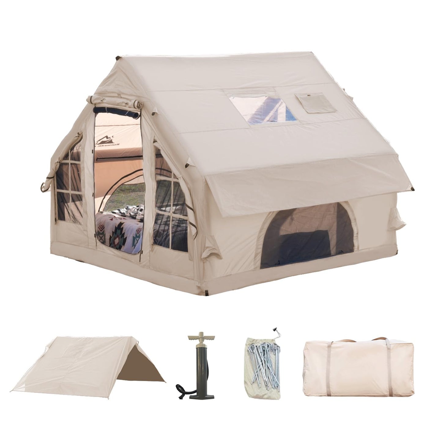 Romantic Camp Inflatable Camping Tent with Pump,4-6 Person Waterproof Blow Up Air Tent for Camping Hiking,Easy to Set Up 4-Season Inflatable House Tent with Oversized Canopy(75FT²).