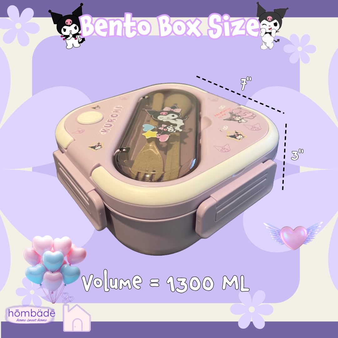 hombäde Bento Lunch Box Container Set with 3 Compartments Portable Personal Sealed Plastic Utensils Food Container Cute Kawaii Anime Kitty Bunny Dog (Purpleromi)
