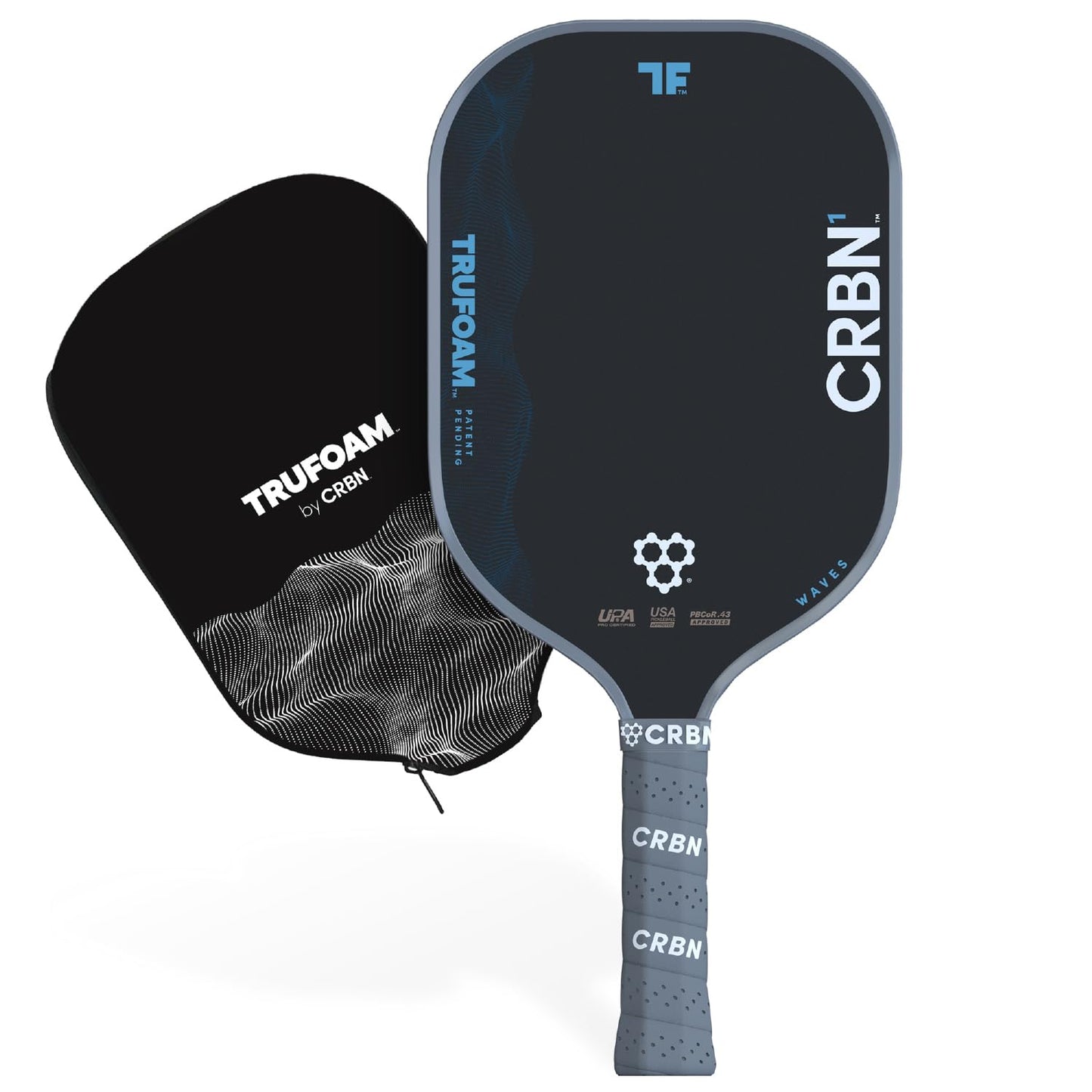 CRBN Pickleball - TruFoam Waves Paddle - Elongated w/Long Handle - Carbon Fiber Pickleball Paddle - 100% Foam Core Designed for Maximum Power, 14mm