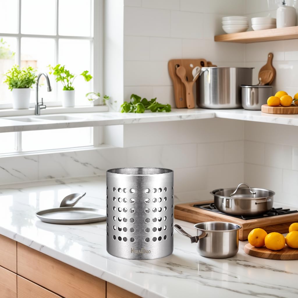 KSENDALO Small Stainless Steel Utensil Holder, SUS304 Silverware Utensil Drying Rack, Utility Sturdy Home Kitchen Daily Use Utensil Drainer for Countertop, Silver (5.32inch Tall)