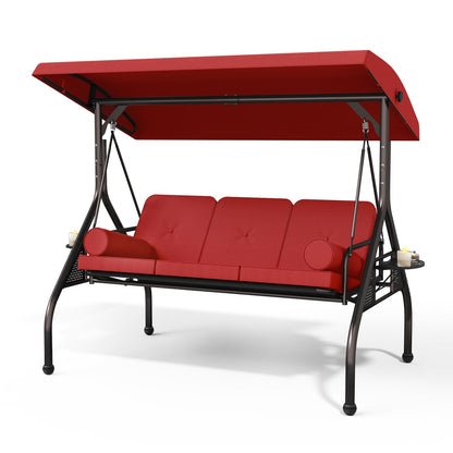 Patiomore 3 Seat Outdoor Porch Swing Chair, Adjustable Canopy Swing Bench, Convertible Backrest Swing Bed with Thicken Cushions, Pillow & Cup Hold (Wine Red)