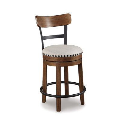 Signature Design by Ashley Valebeck Swivel Barstool With Back, Rustic-Industrial Wood and Metal, 360-Degree Swivel Counter Height Stool for Kitchen Island Seating, Linen Color