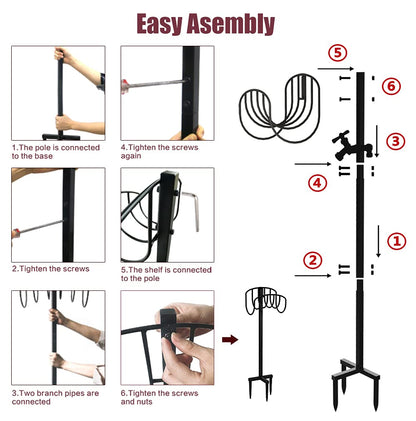 Artigarden Freestanding Garden Hose Holder Stake with Brass Faucet, Heavy Duty Metal Water Pipe Storage Stand Rack for Outdoor