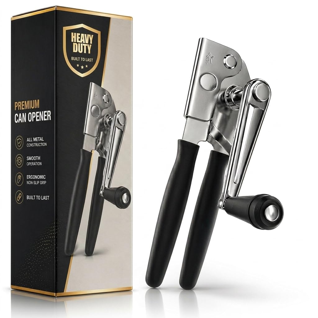 Heavy Duty Commercial Can Opener – Stainless Steel Can Opener for Large & Small Cans, Manual 360° Smooth Crank with Ergonomic Long Handles, Non-Slip Grip, 2-in-1 Bottle Opener for Restaurants & Home