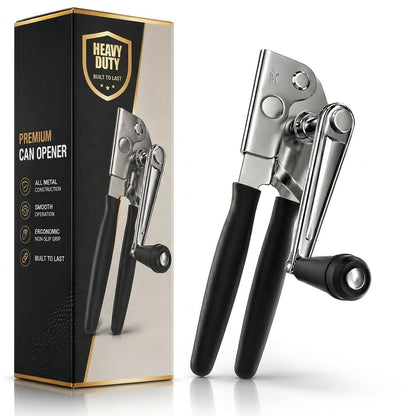 Heavy Duty Commercial Can Opener – Stainless Steel Can Opener for Large & Small Cans, Manual 360° Smooth Crank with Ergonomic Long Handles, Non-Slip Grip, 2-in-1 Bottle Opener for Restaurants & Home