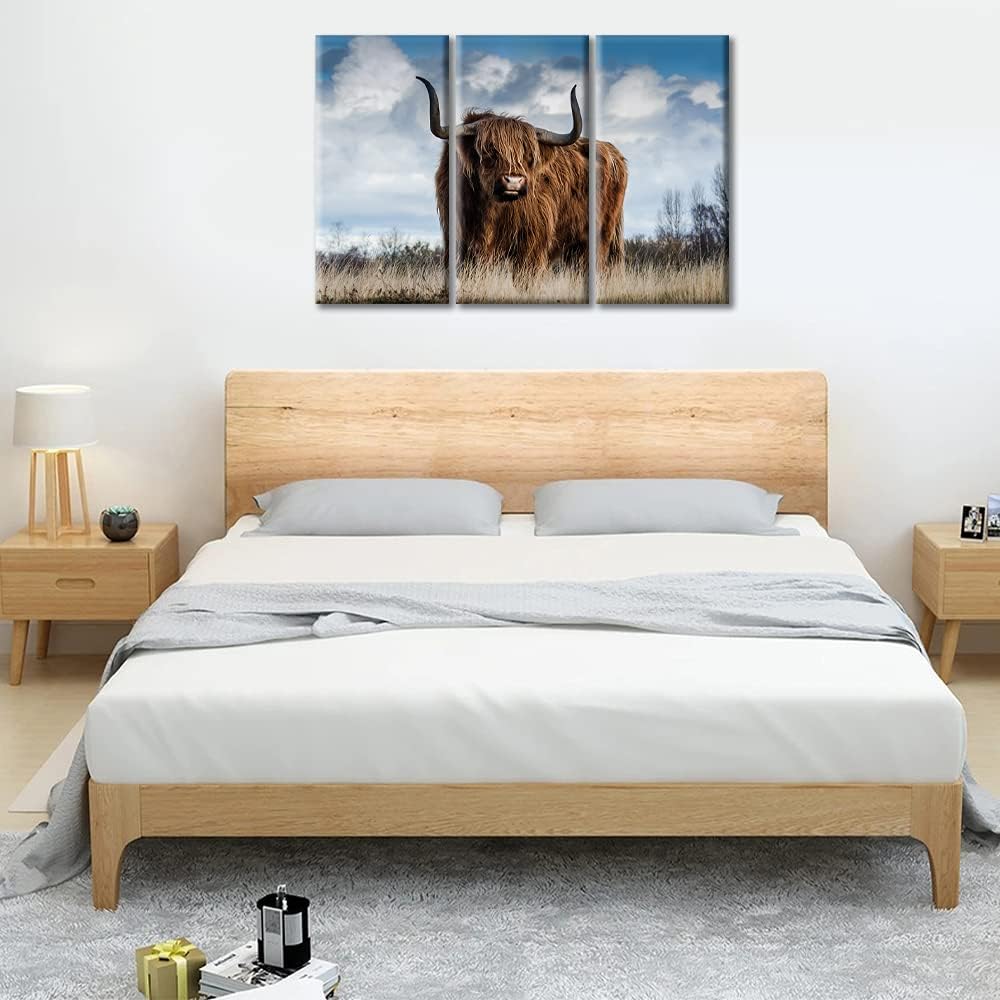 TUMOVO Brown Highland Cow Wall Art | 3 Piece Canvas Prints, 36" Wx24 H, Framed Ready to Hang Decor