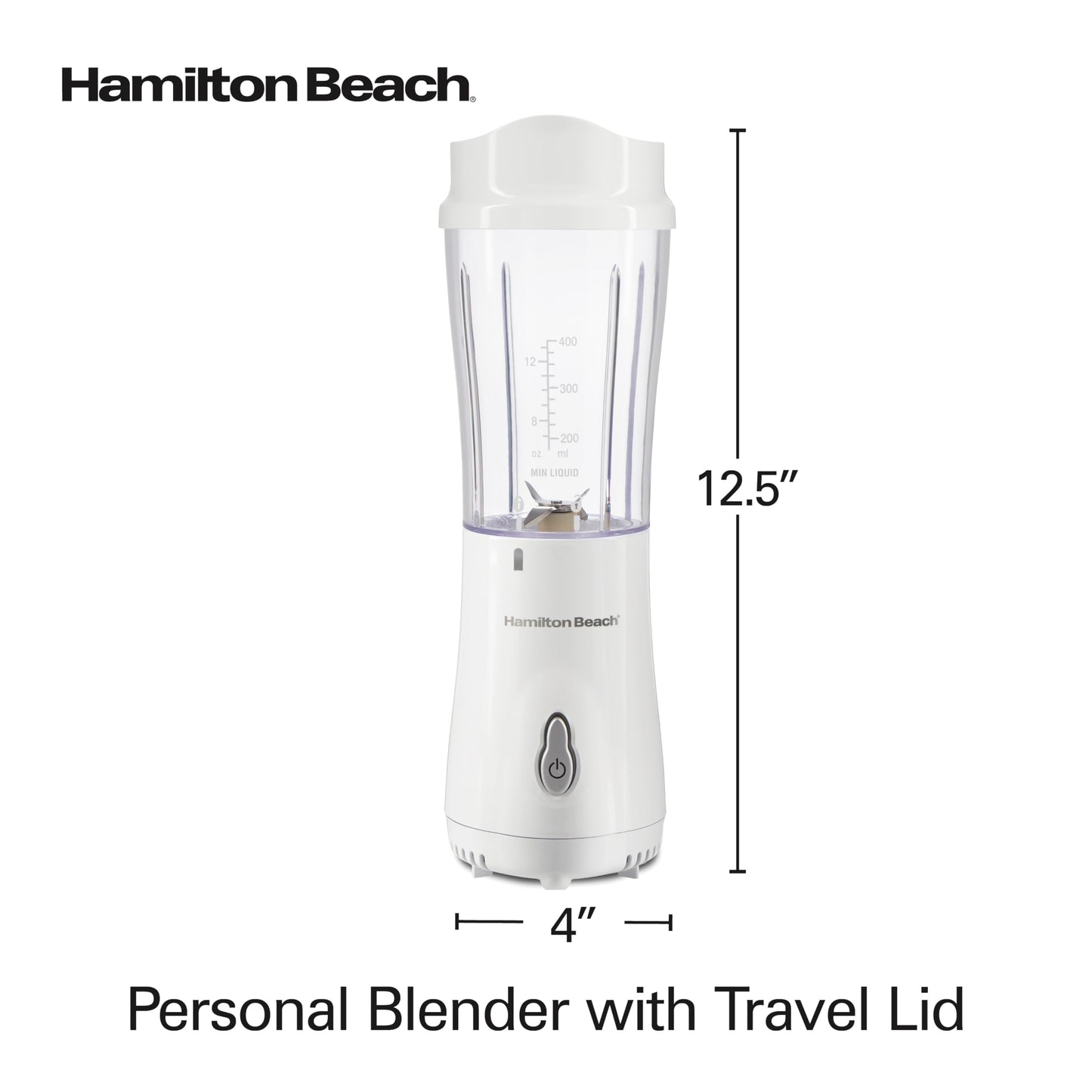 Hamilton Beach Portable Blender for Shakes and Smoothies, 14 Oz BPA Free Travel Cup & Lid, Durable Stainless Steel Blades, Personal Smoothie Blender, White ( 51101V)