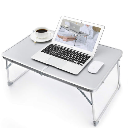 RAINBEAN Foldable Laptop Table for Bed Lightweight Breakfast Bed Tray Portable Mini Picnic Storage Space Standing Holder, Folding Leg Desk Notebook Lap Table for Kids Reading -Silver