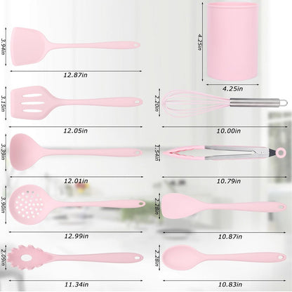 LOVEINUSA 10PCS Silicone Cooking Utensils Set, Heat Resistant Gadgets Tools for Nonstick Cookware, Dishwasher Safe Pink