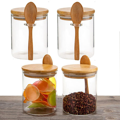 Airtight Glass Jars With Bamboo Lids And Spoons, 17oz Glass Canisters With Lid For Spice Beans Tea, Sealed Sugar Container, Glass Coffee Containers, Food Jars Canisters, Kitchen Accessories (4pcs)