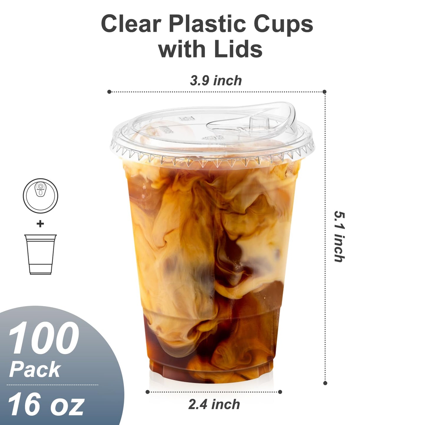 Dealusy 100 Pack - 16 oz Clear Plastic Cups with Lids, Sturdy & Food Safe Iced Coffee Cups with lids, Disposable Plastic Smoothie Cups for Cold Drinks, Sip Lids