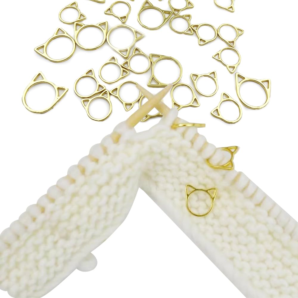 30Pcs Knitting Stitch Marker Metal Cat Head Shaped Stitch Markers for Knitting and Crocheting 2 Sizes Gold Needles Stoppers Locking Sewing Accessories