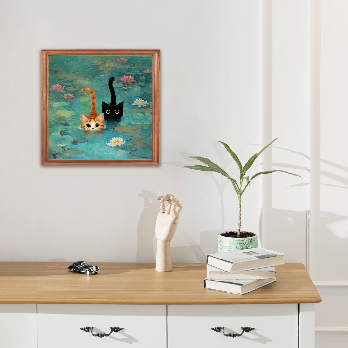 RLTXBUK Whimsical Black Orange Cat Diamond Art Kits, Monet Inspired Water Lilies Kitten Gem Diamond Painting Art Kits for Adults Beginners, Cat Mom Lovers Lady Gifts for Women 11.8x11.8 Inch