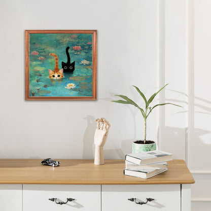 RLTXBUK Whimsical Black Orange Cat Diamond Art Kits, Monet Inspired Water Lilies Kitten Gem Diamond Painting Art Kits for Adults Beginners, Cat Mom Lovers Lady Gifts for Women 11.8x11.8 Inch