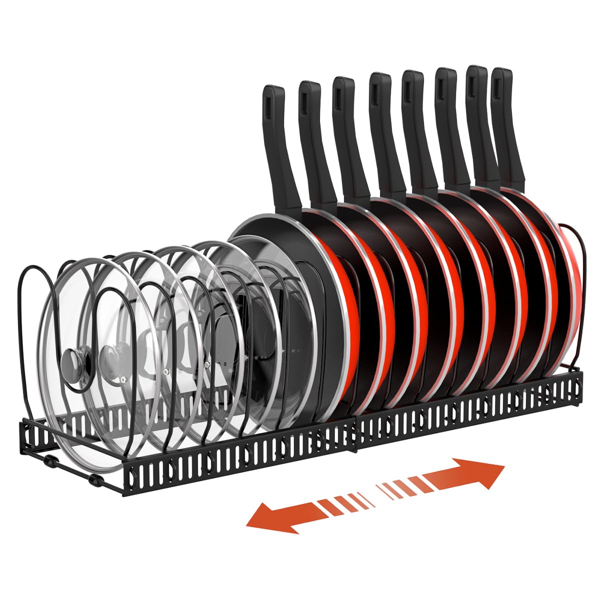 Housolution Pot and Pan Organizer Rack for Cabinet, Expandable Pot Lid Organizer Holder with 14 Adjustable Dividers, Fully Expanded Size 22.83" W x 7.09" D x 7.09" H, Black