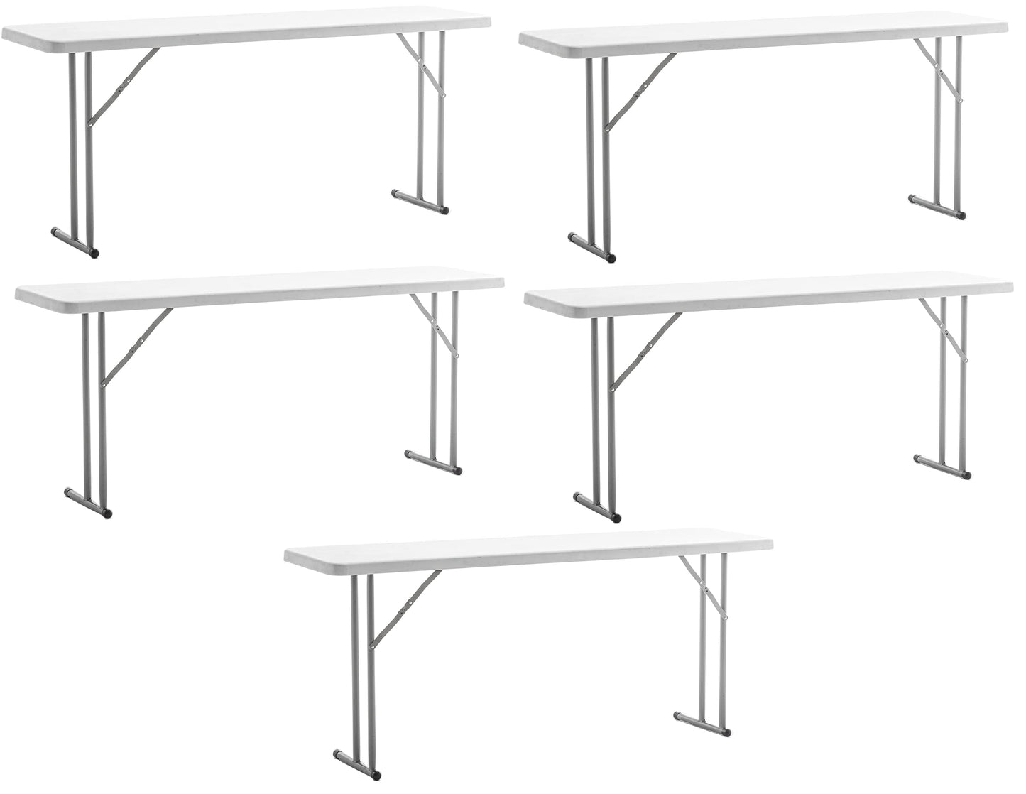 BTEXPERT Set of 5, 5-Foot - 60" Long White Plastic Folding Seminar Training Table Portable 18" Wide Narrow, 29" High, Events Indoor Outdoor Lightweight