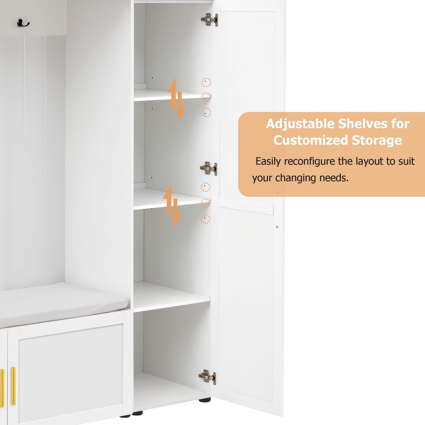 Amposei Modern Hall Tree with Shoe Storage Bench & Coat Rack, 79.72''H Tall Entryway Cabinet Organizer with 6 Doors, 4 Hooks & Padded Seat for Hallway Mudroom Living Room, White