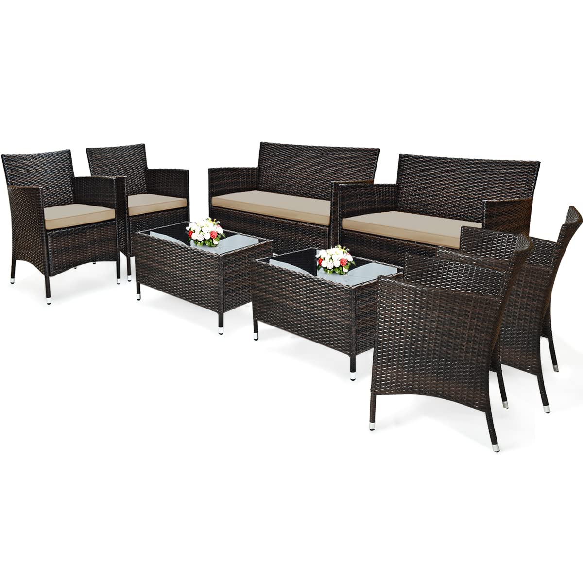 COSTWAY 8PCS Rattan Patio Furniture Set, Outdoor Wicker Rattan Chairs with Coffee Table, Rattan Cushioned Conversation Set for Backyard Balcony Porch Poolside, Brown