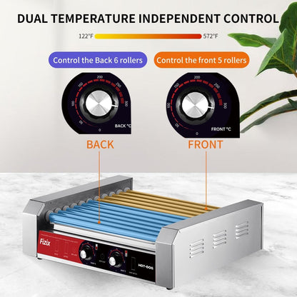 1670W Hot Dog Roller Grill with 11 Rollers, 30 Hot Dog Capacity, Dual Temp Control, Stainless Steel, Dust Cover, LED Light,Commercial & Home Use (Red-Black)
