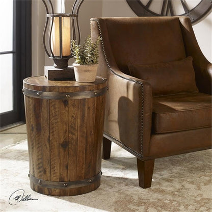 Home Square 19" Round Wine Barrel Accent End Table in Walnut - Set of 2
