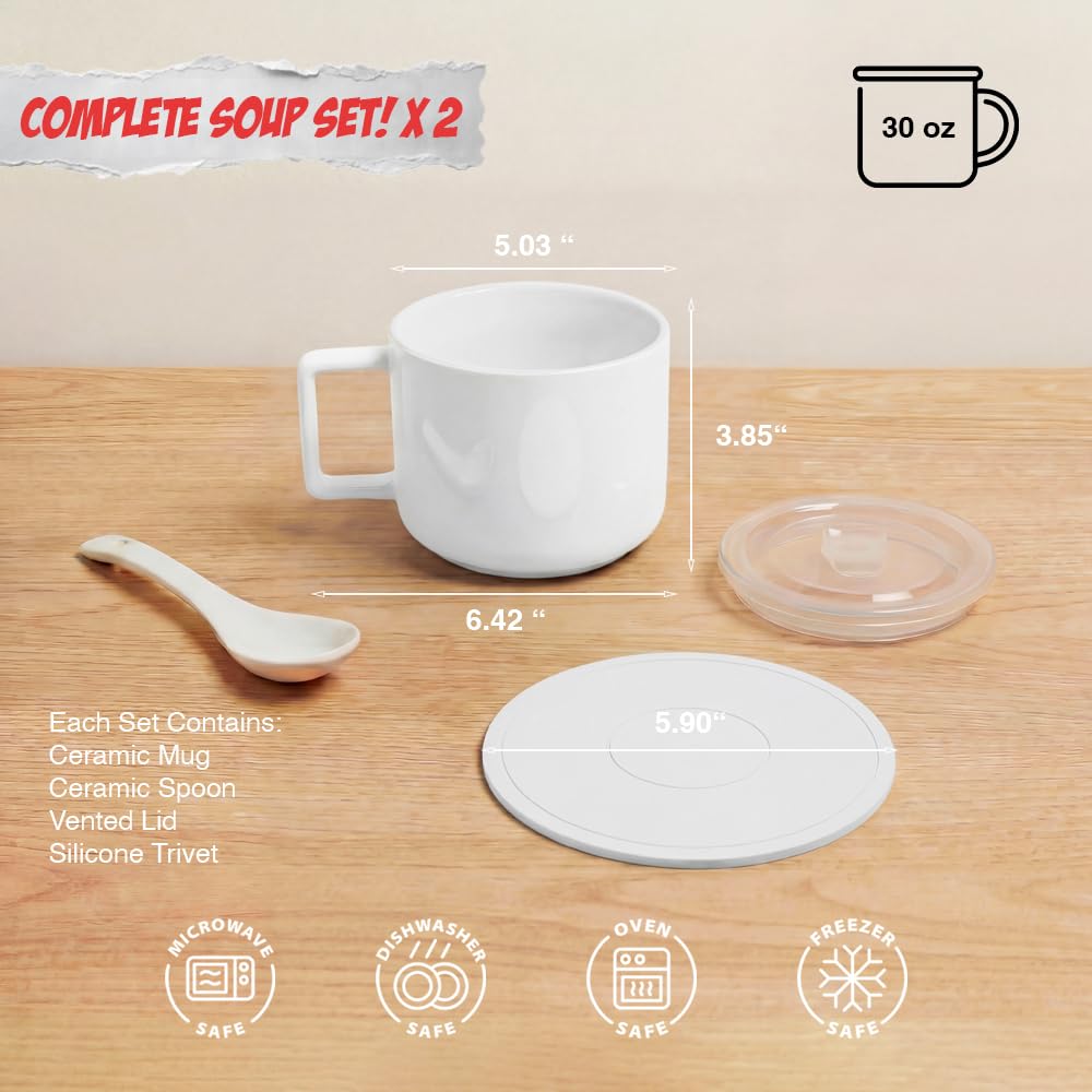 Presva Ceramic Soup Bowls with Handles & Lids, Set of 2 with Spoons & Trivets, 30oz Large Soup Mugs, Oven Safe Bowls for Soup, Ramen, Oatmeal & Cereal, Microwave & Dishwasher Safe, White
