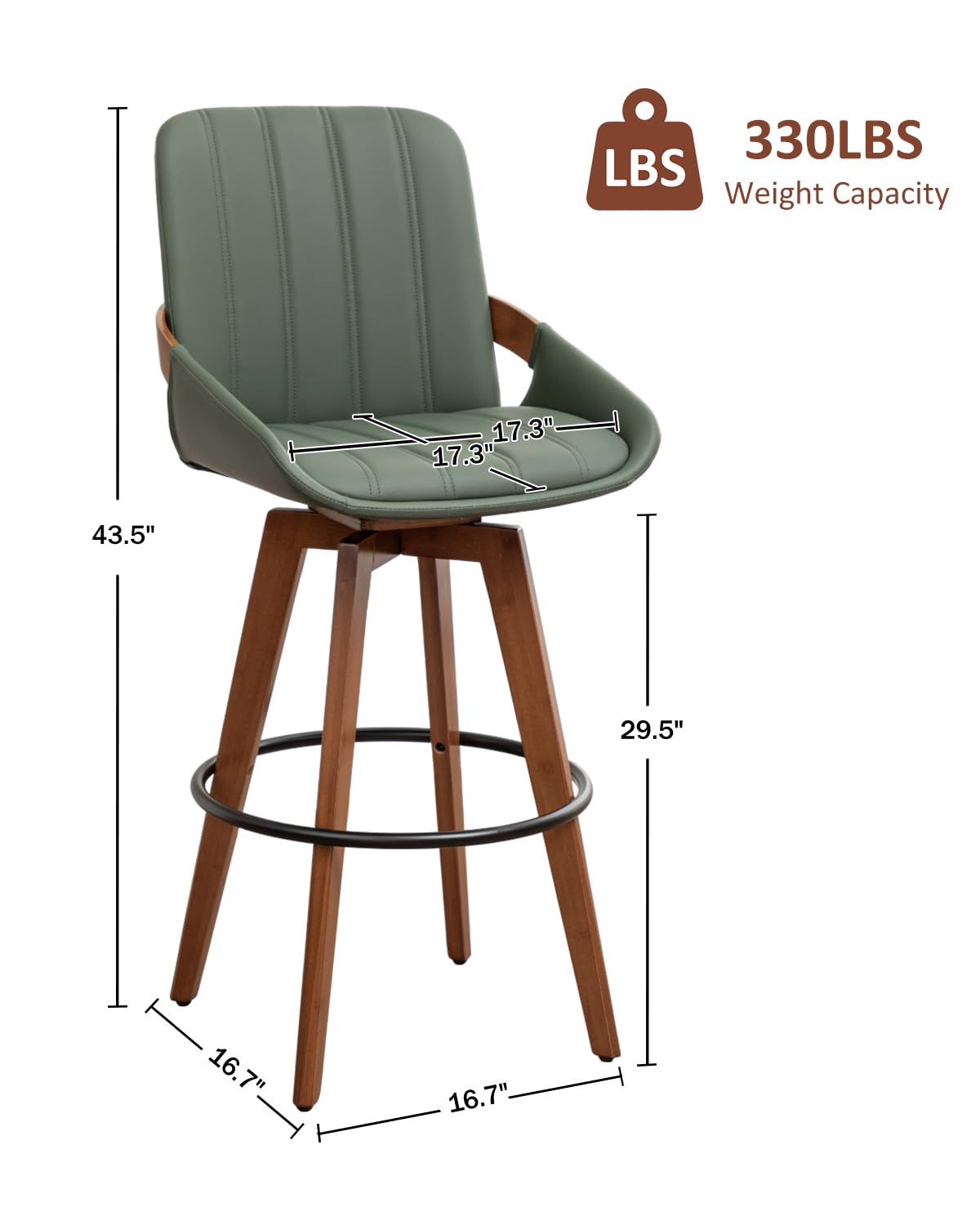 AQG Green Bar Stools 30 Inch Set of 2 Leather Bar Height Stools with Backs, Mid Century Modern Swivel Bar Chairs, Upholstered Barstools Wood Frame for Kitchen Island