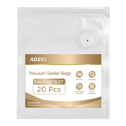 Reusable Vacuum Sealer Bags for Food: 20Pcs (8.66 * 8.27in) BPA-Free Vacuum Seal Bags with Air Valve & 5 Seal Clips, Plastic Food Storage Bags, Microwaveable Zipper Bags for Kitchen Save Meal Prep