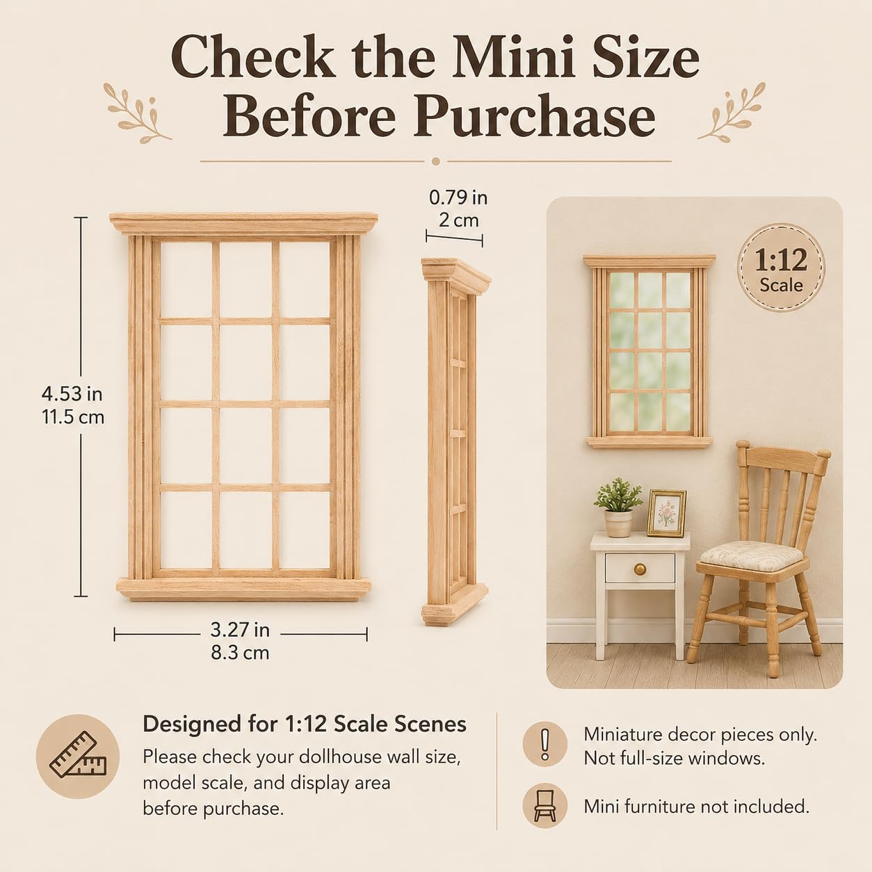 Wooden Window Dollhouse Furniture: 2Pcs Mini Windows 1: 12 Scale Miniature Accessories Tiny Window Frame Model Dolls Houses Playhouse Ornaments