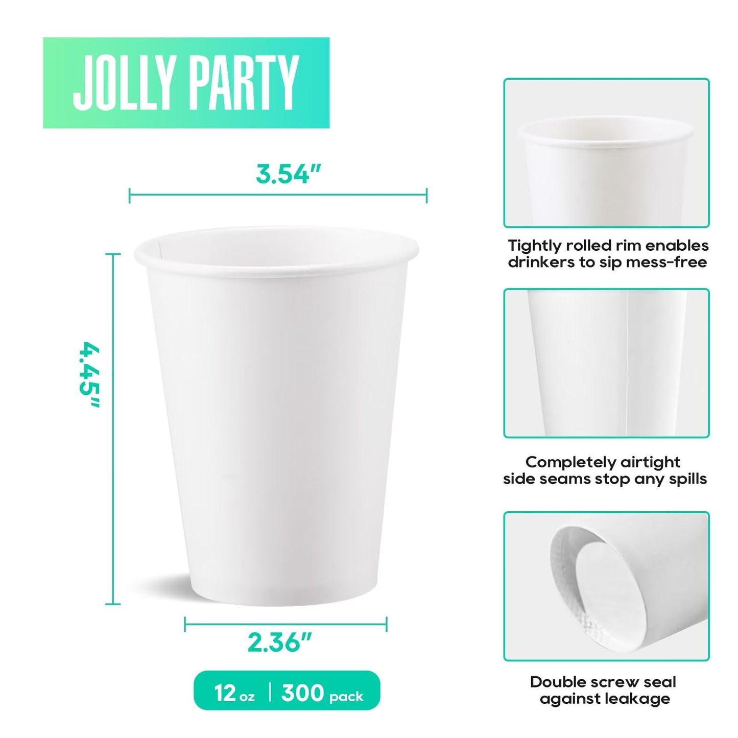 JOLLY PARTY 300 Pack 12 oz Disposable Paper Coffee Cup, Hot/Cold Beverage Drinking Cups for Water, Paper Coffee Cups, White Hot Coffee Cups