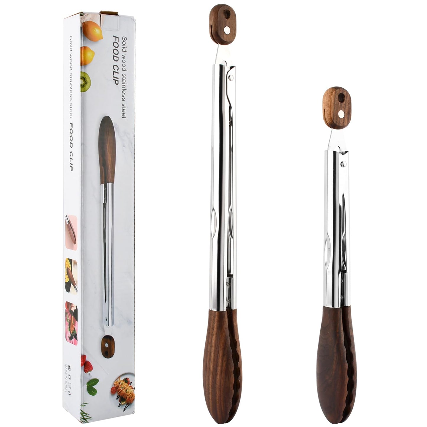 2 Pcs Wooden Tongs for Cooking & Serving Food, 12 & 15 Inch Stainless Steel Kitchen Salad Tongs with Walnut Wood Tip, Cooking Utensils Set for Salad BBQ and Serving Food