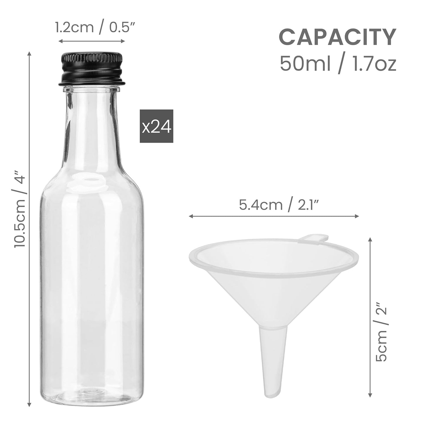 Mini Plastic Bottles with Lids (24 Pack) - Empty 1.7oz Shot Bottles for Alcohol, Spirits, Liquor - Funnel Included