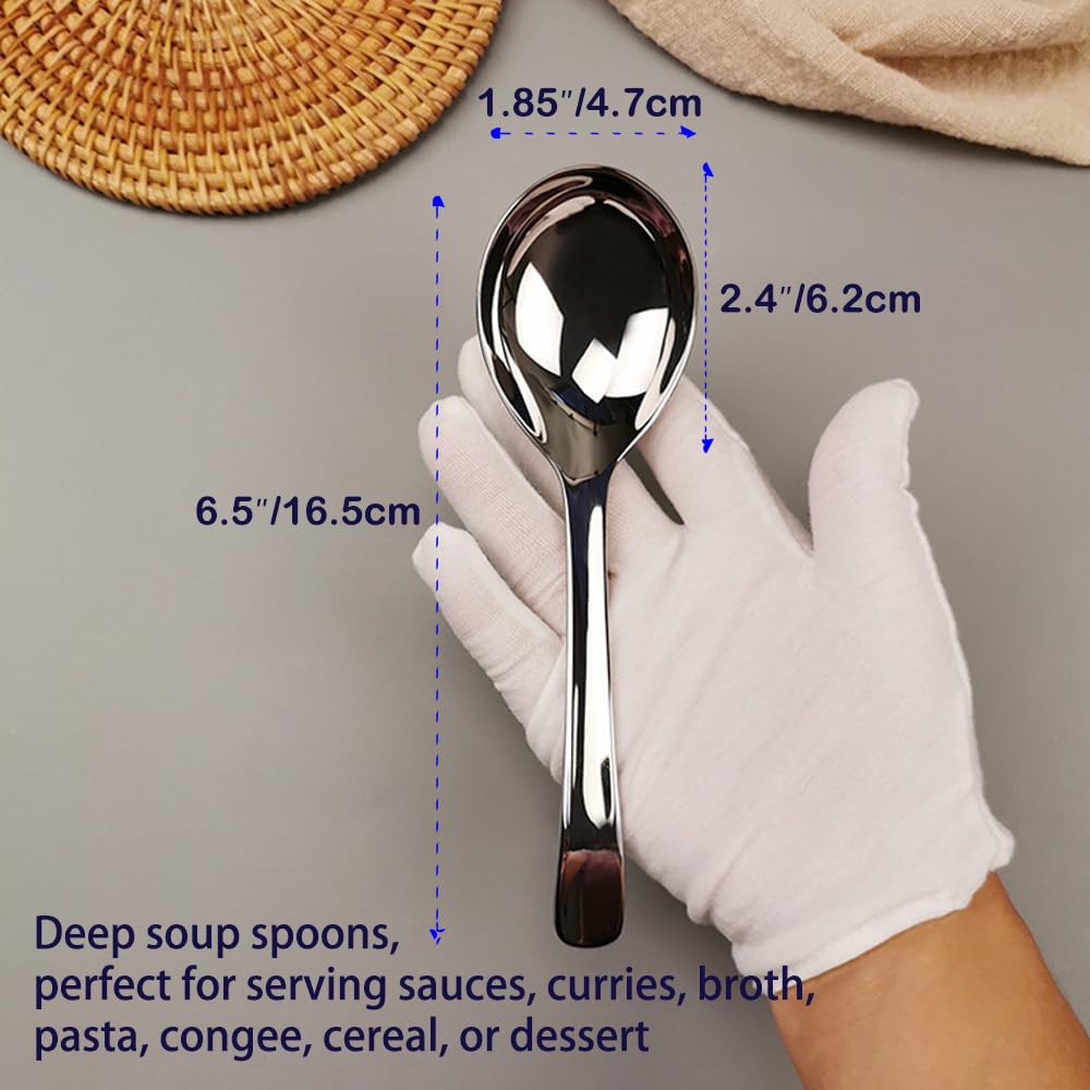 ZDFQly 6.7 Inches Soup Spoons, 2 Pieces Premium 18/10 Stainless Steel Table Spoons, Deep Bowl, Perfect for Pho, Ramen, Noodles, Wonton, Dumpling, Rice, Silver, Dishwasher Safe