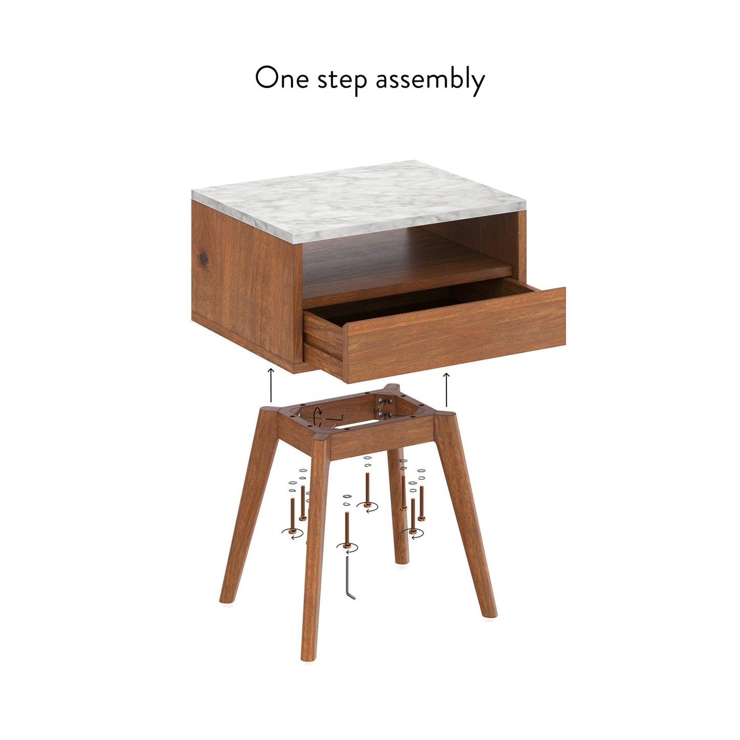 Nathan James Mid-Century James Faux White Marble Accent Side or End Table with Walnut Finish and Marble Table-top with Storage, White/Brown, Set of 2