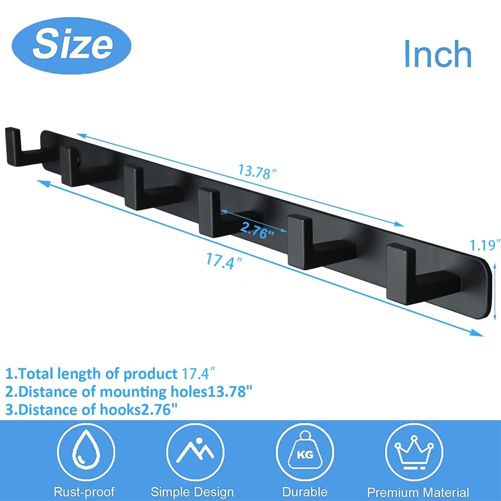 Vanloory Coat Rack, Heavy Duty Stainless Steel 6 Tri Coat Hook Hanger, Wall Mounted Storage Wall Hooks, Rustic Clothes Hook/Key Hook Rail for Bathroom Kitchen Entryway(6 Hook Black)