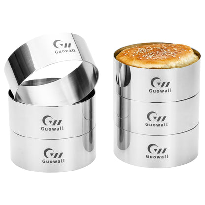 Guowall 6pcs Hamburger Bun Ring Mold, Seamless Thickened 4 inch Nonstick Crumpet Rings Stainless Steel Burger Mould, Cake Rings for Fried Eggs, Pancakes and Cookie for Baking