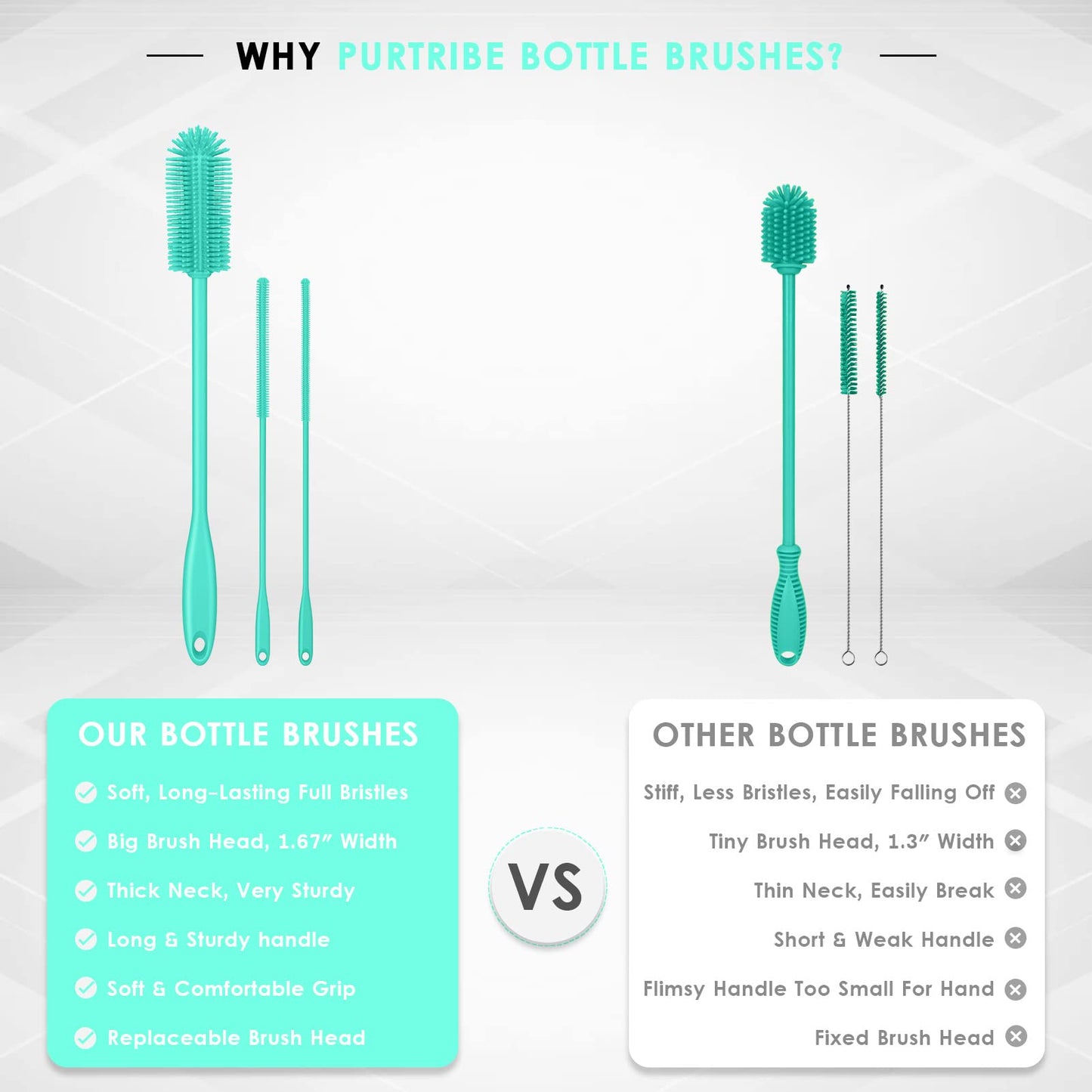 Purtribe 3-in-1 Silicone Bottle Brush and Straw Cleaning Brush Set, Water Bottle Cleaner for Narrow Neck Containers, Tumblers, Flask, Vase and Glassware (Teal)