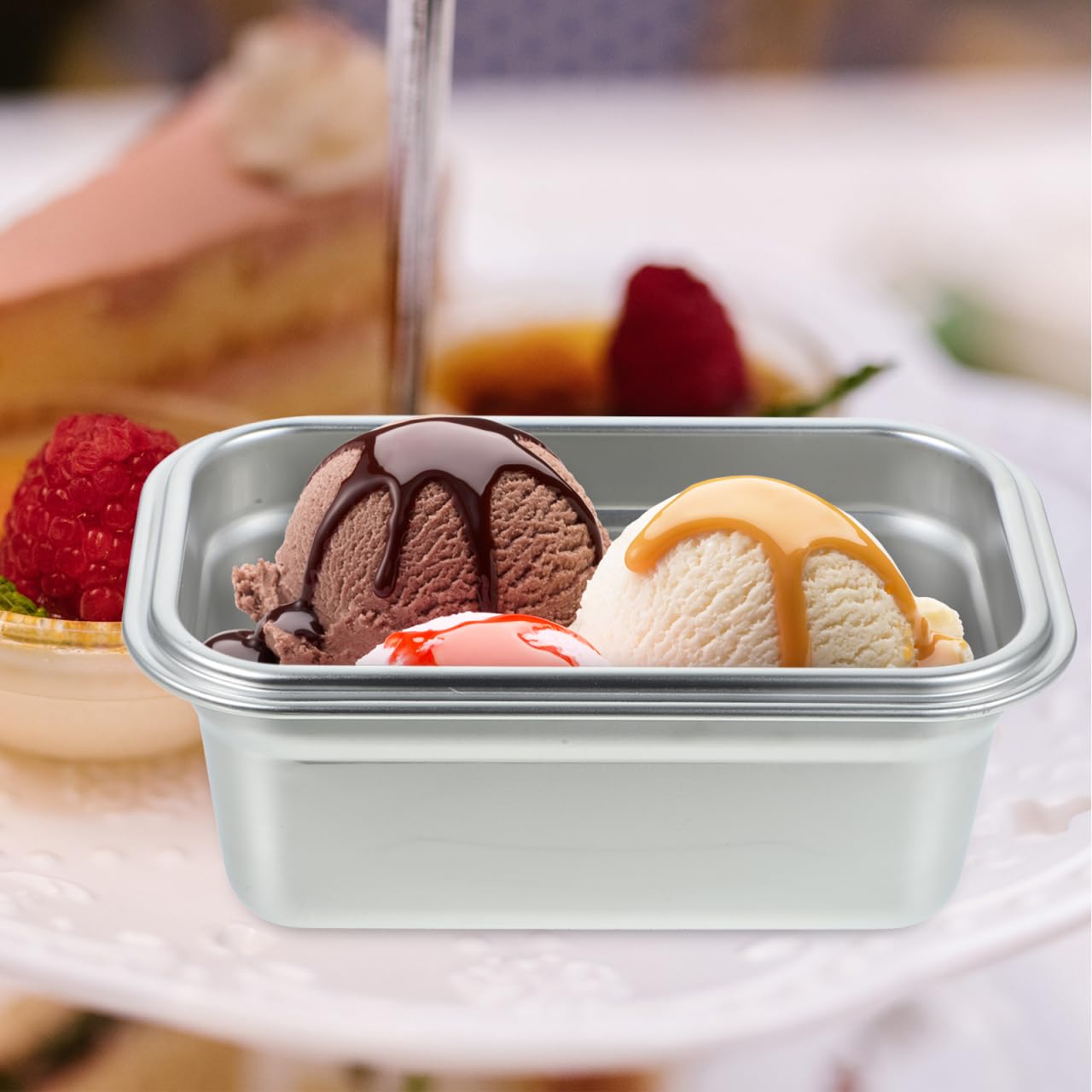 Amosfun Stainless Steel Ice Cream Container 6.69 X 4.33 X 2.75 Inch Sealed Household Freezer Storage Box Multi-Function Fridge Food Container